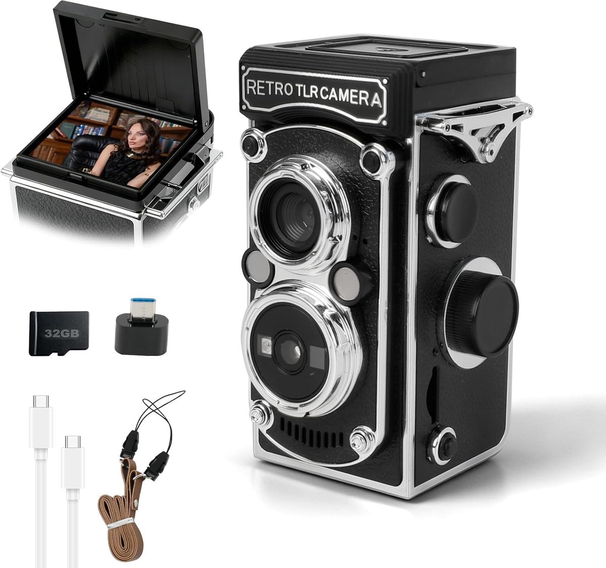 SnelShoppen - Retro Mini Digitale Camera 48MP, Vintage Hand Crank, 1080P Video, 1.54 Inch Scherm, Nachtzicht, Ideaal voor Beginners, Volwassenen en Ti