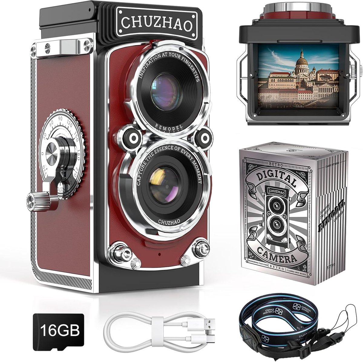 SnelShoppen - Retro Digitale Camera 1080P FHD Video 12MP Auto Focus met 16G Kaart - Compact Vintage Fotocamera voor Beginners, Kinderen en Volwassenen