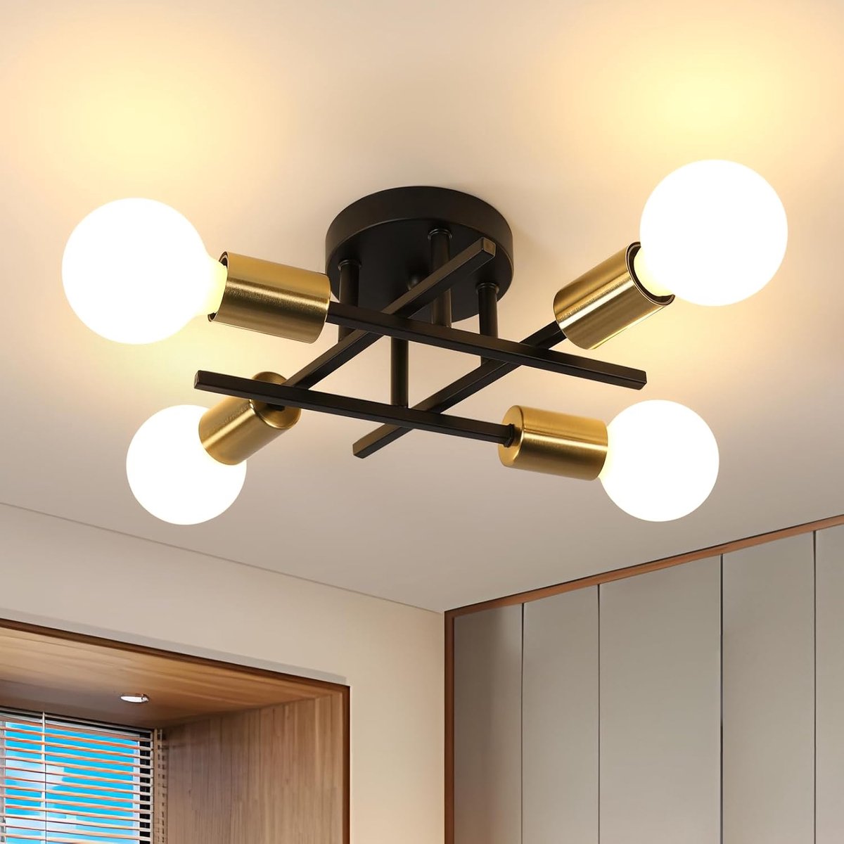 SnelShoppen - Vintage Sputnik Chandelier - Industrieel Plafondlamp E27 met 4 Vlammen - Zwart Metaal Hanglamp voor Slaapkamer, Woonkamer, Eetkamer, Keu