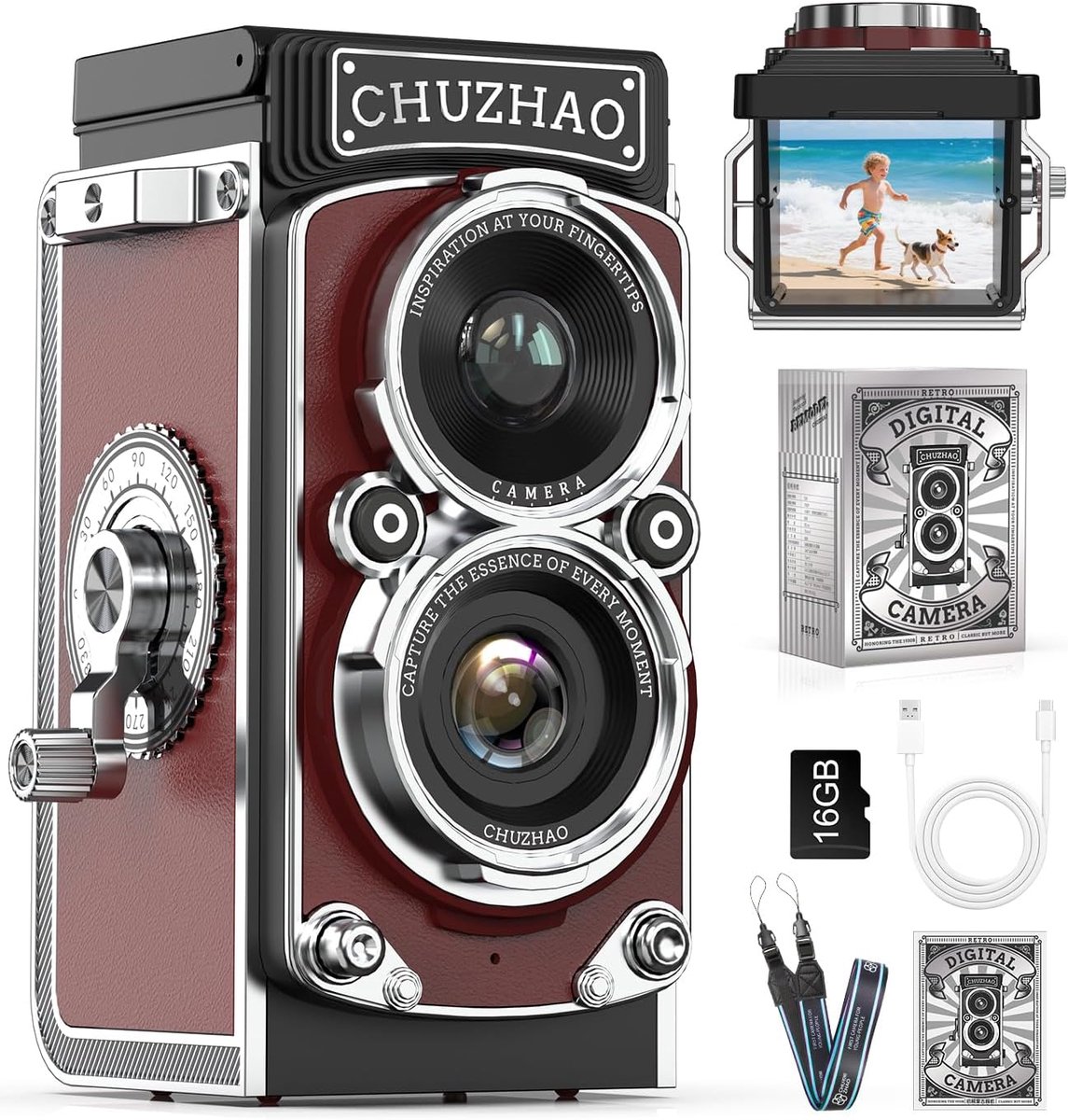 SnelShoppen - Mini Digitale Camera Retro 1080P FHD Video - Compacte 12MP Camera met Auto Focus - Inclusief 16GB Geheugenkaart - Ideaal voor Beginners,
