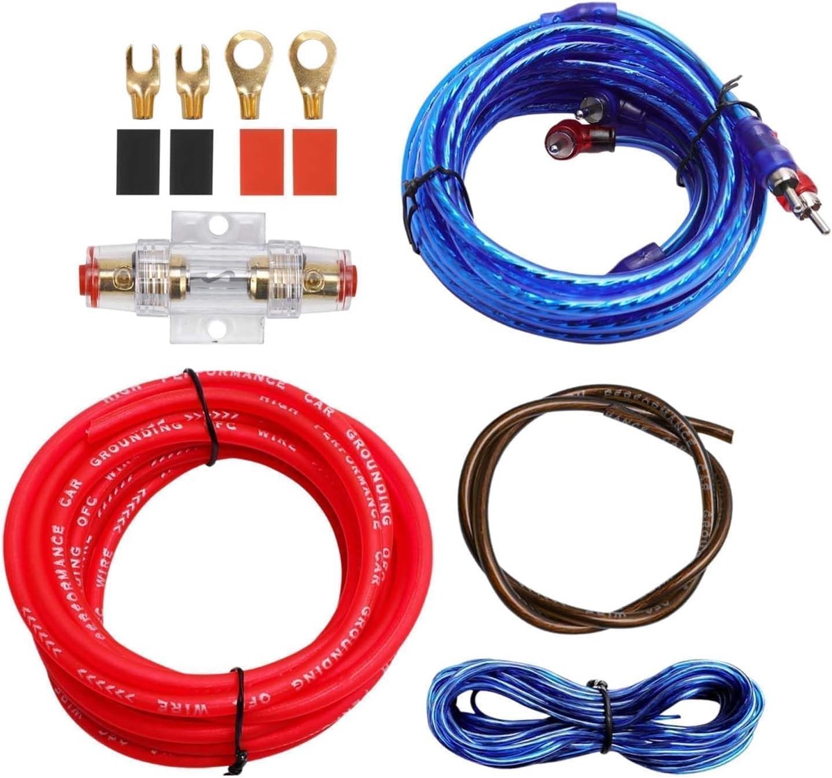 SnelShoppen - 10GA Versterker Kabel Set, Power Amplifier Kabel, Subwoofer Kabel Kit, 4.5m Power en Audio Kabels, Inclusief Aarding, Fuse, Crimp Huls,