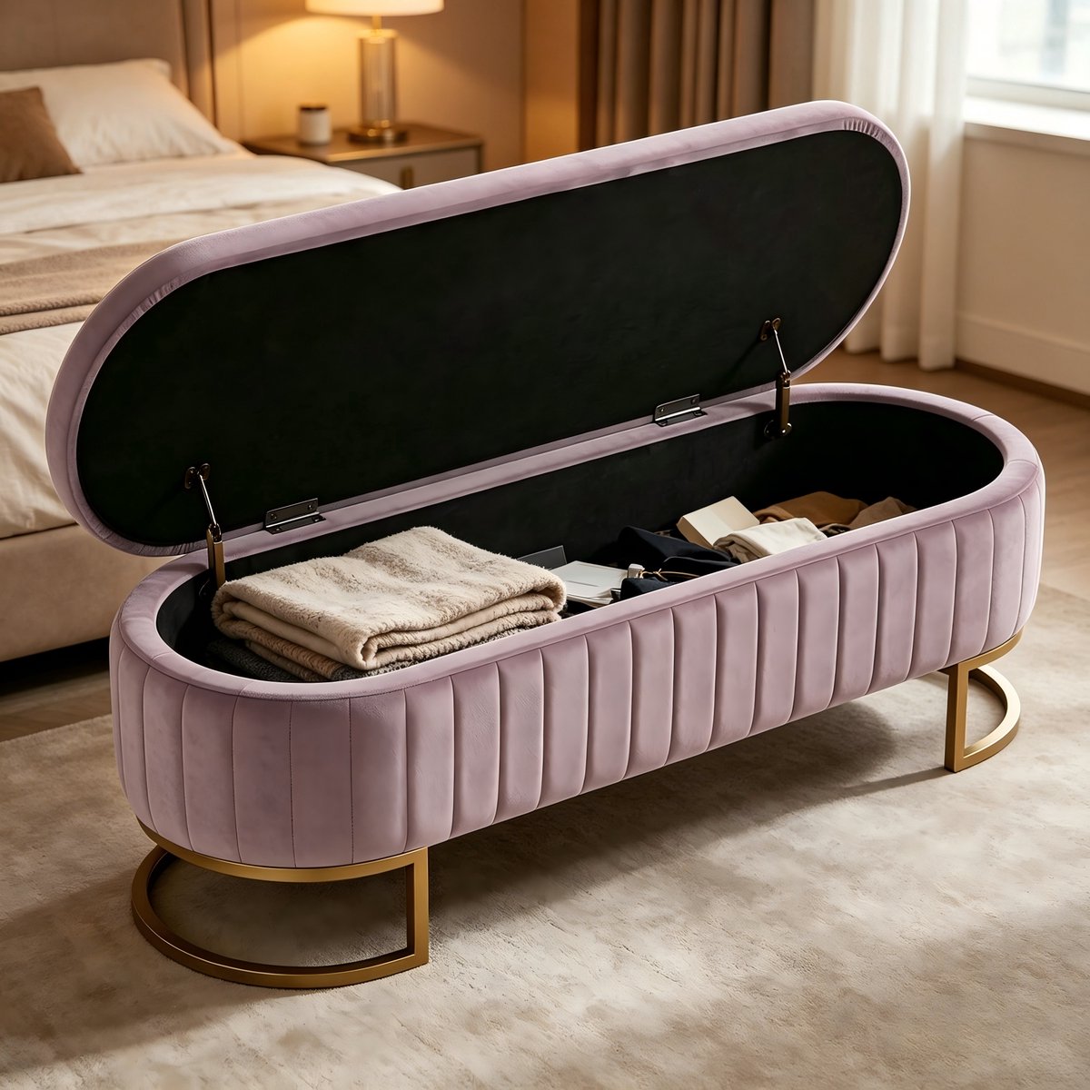 OKWISH Bedbank – 129,5 Cm – Met Opbergruimte – Fluwelen Bekleding – Roze – Voor Slaapkamer Of Hal – Gouden Metalen Poten