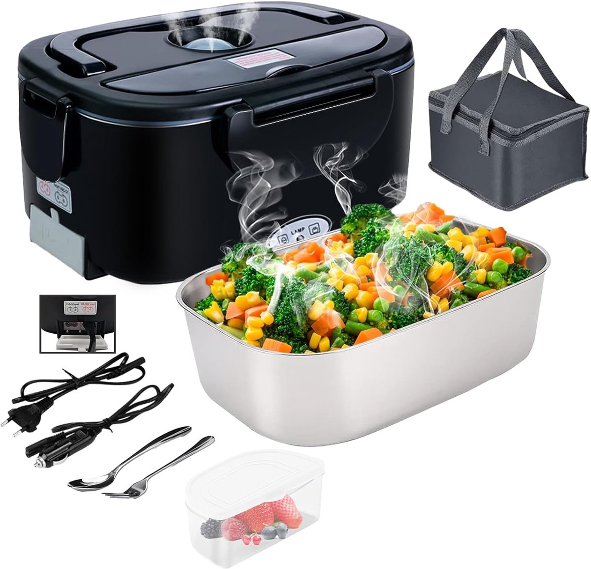 SnelShoppen - Elektrische Lunchbox Draagbaar 4-in-1 voor Auto, Vrachtwagen en Kantoor, 1,5L Roestvrij Staal, 12V/24V/110V/220V, Inclusief Vakken, Vork