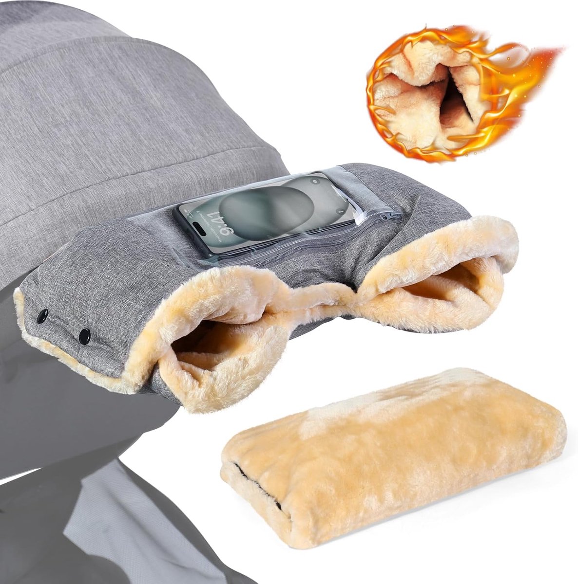 SnelShoppen - Winterhandschoenen voor Kinderwagens, Warme Stroller Handschoenen met Faux Wol Fleece, Weerbestendig, Met Telefoon Pocket, Comfortabel G