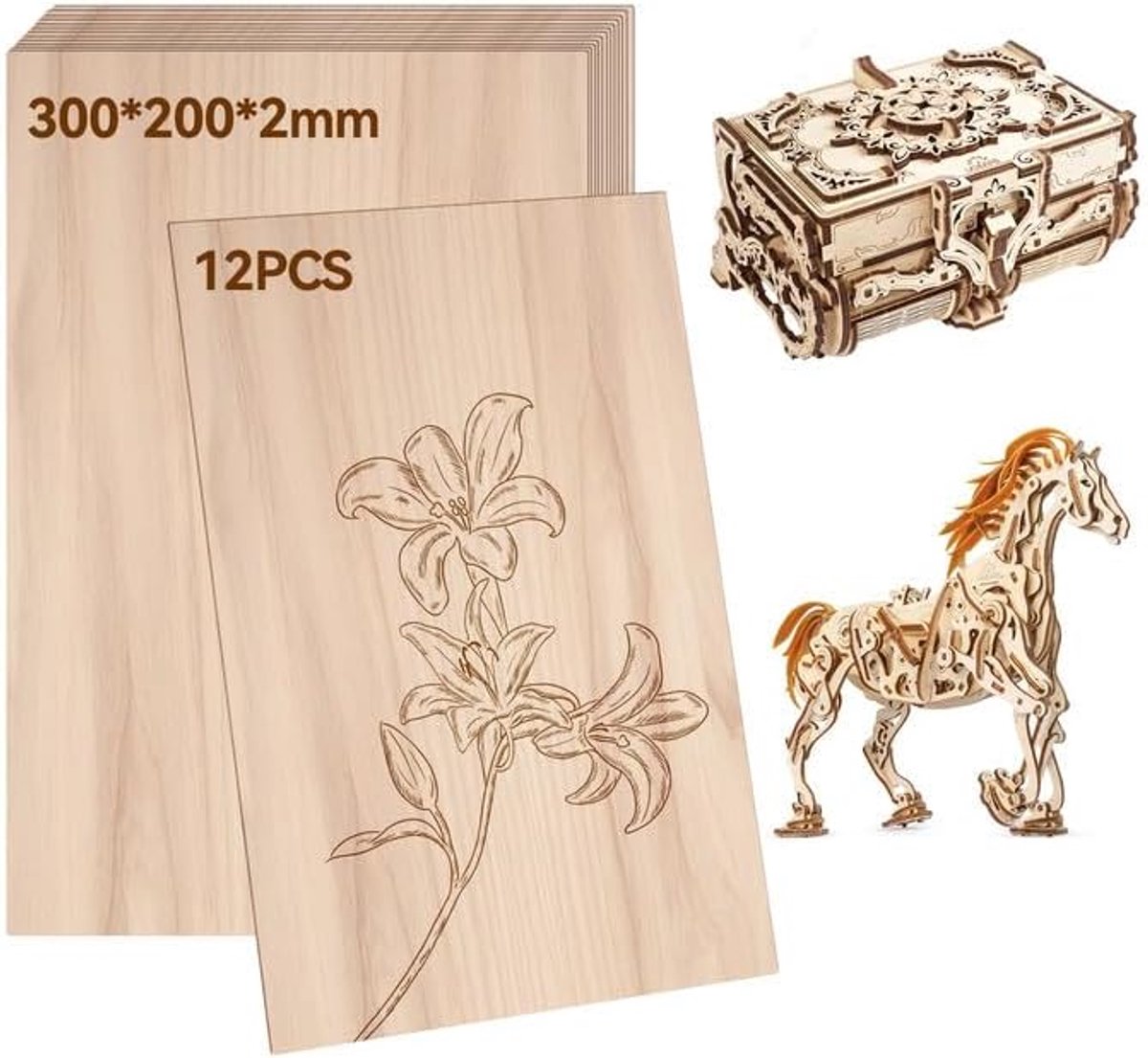 SnelShoppen - Pack van 12 Plywood Sheets 300x200x2 mm - Linde Hout - Houten Panels voor Creatieve Projecten, DIY Modellen, Laser Projecten, Kunst en A