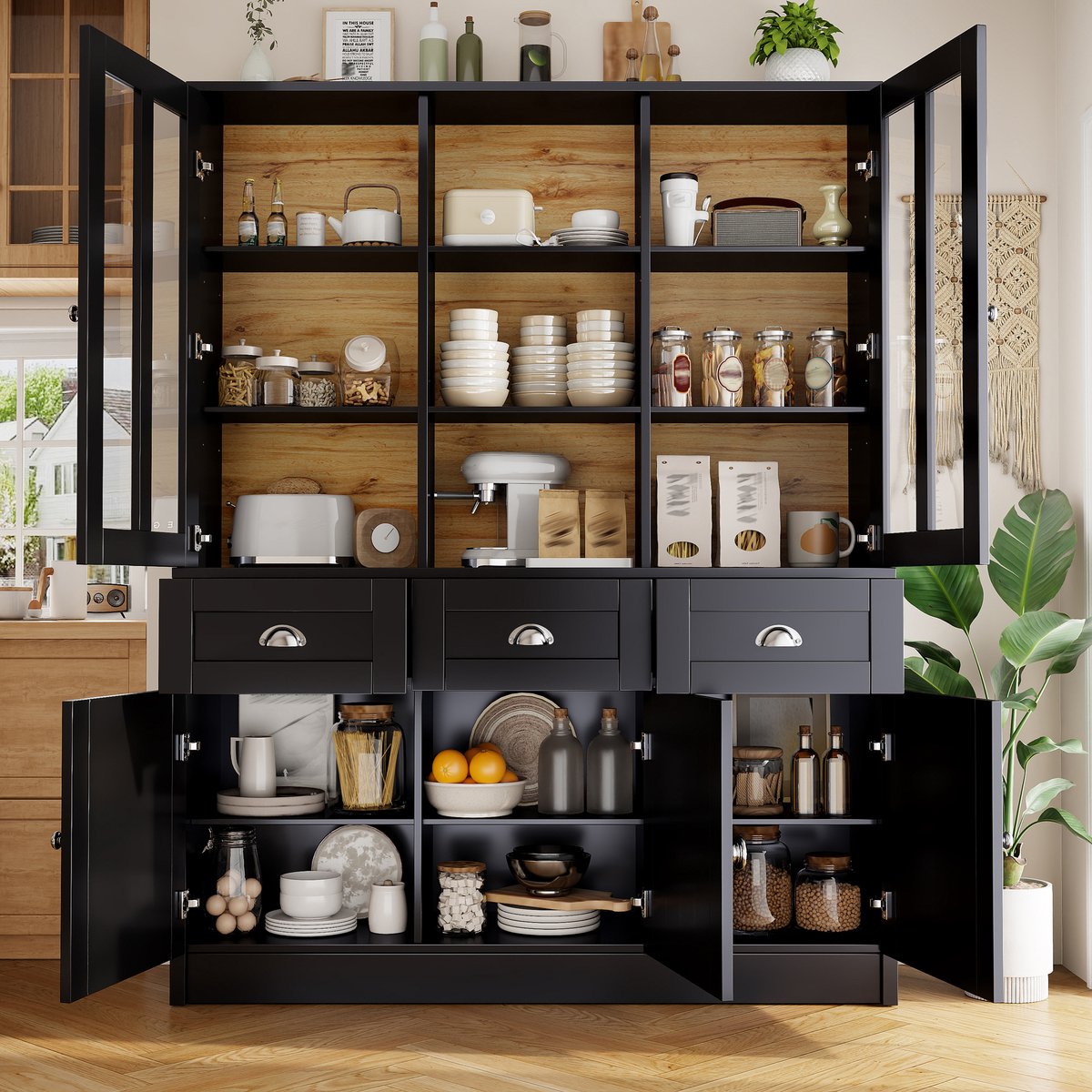 Wishdor - Buffetkast - hoge vitrinekast met lades en verstelbare planken - modern minimalistisch - voor keuken woonkamer eetkamer - houtlook acryl - zwart - 140 x 38,5 x 175 cm
