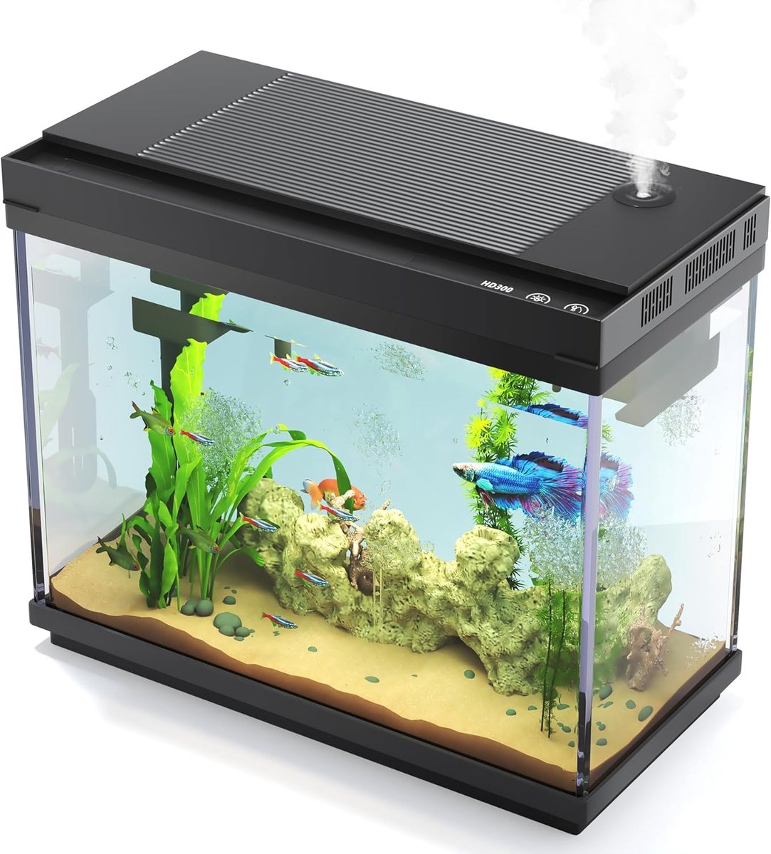 SnelShoppen - Vehipa 7L Vis Aquarium Starter Kit met 3-in-1 Stille Pomp, Slimme Luchtbevochtiger, Temperatuurweergave en 7-Kleur Verlichting (Zwart)