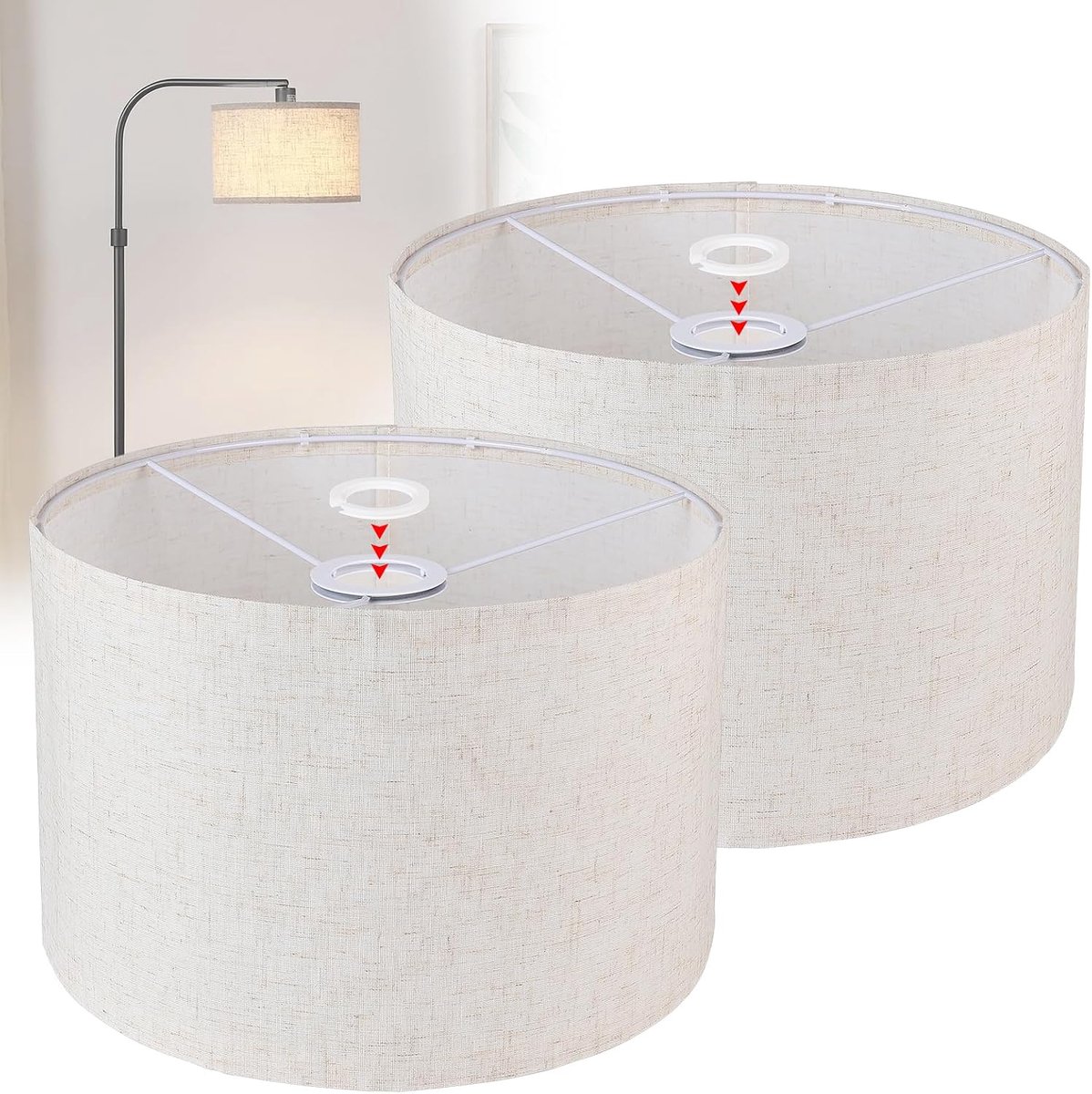 SnelShoppen - 2x Lampenkap Ø30cm H20cm Beige - Drum Lampshade voor E14/E27 Fittingen - Geschikt voor Vloerlamp, Hanglamp, Wandlamp, Tafel- en Bedlamp