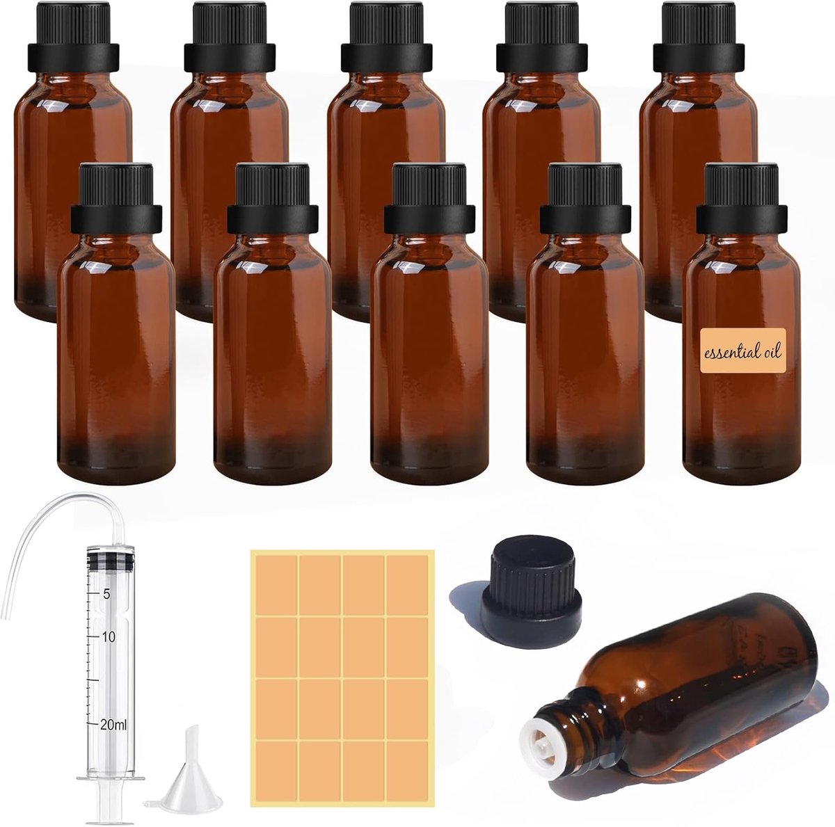 SnelShoppen - 10x 50ml Bruine Flesjes, Lege Drip Flessen met Schroefdop, Kleine Glazen Fles met 20ml Spuiten, Trechter, Stickers voor Parfum, Oliën, D