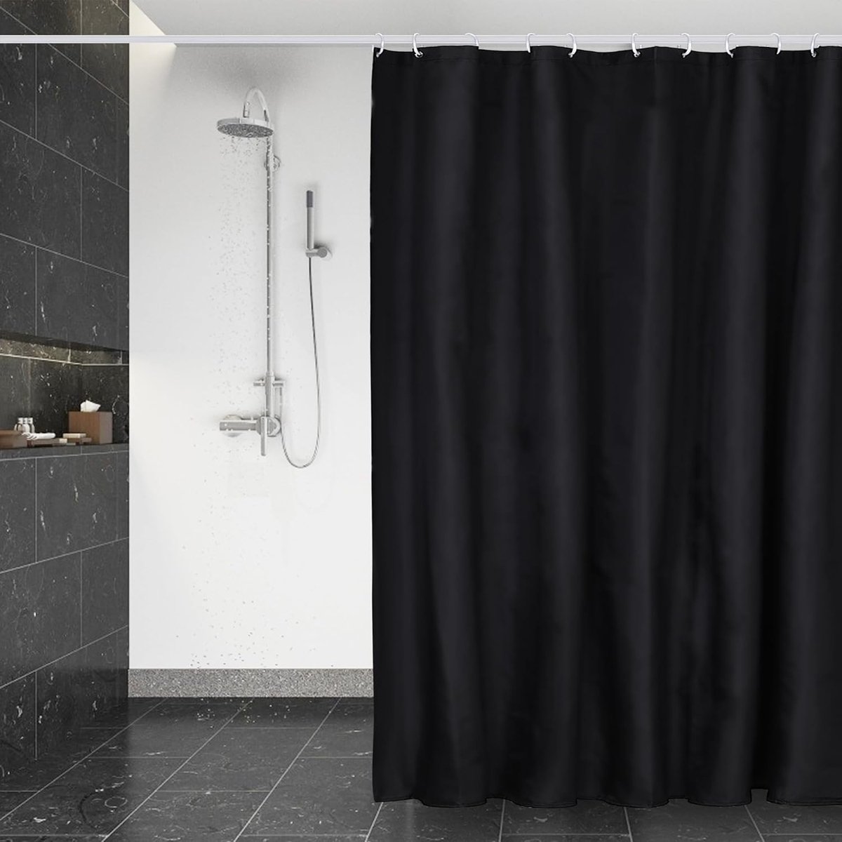 SnelShoppen - Dufu Douchegordijn 180x180 cm, Wasbaar Badgordijn met 12 Haakjes, Gewogen Onderkant, Roestvrij, Waterdicht, Sneldrogend, Zwart voor Badk