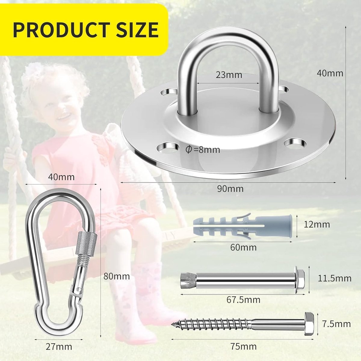 SnelShoppen - 360° Rotatable Swing Hook - Robuuste Hanghaak voor Hammock, Schommel, Gym, Yoga - 304 RVS - Tot 400kg - Inclusief 2 Carabiners en 8 Schr