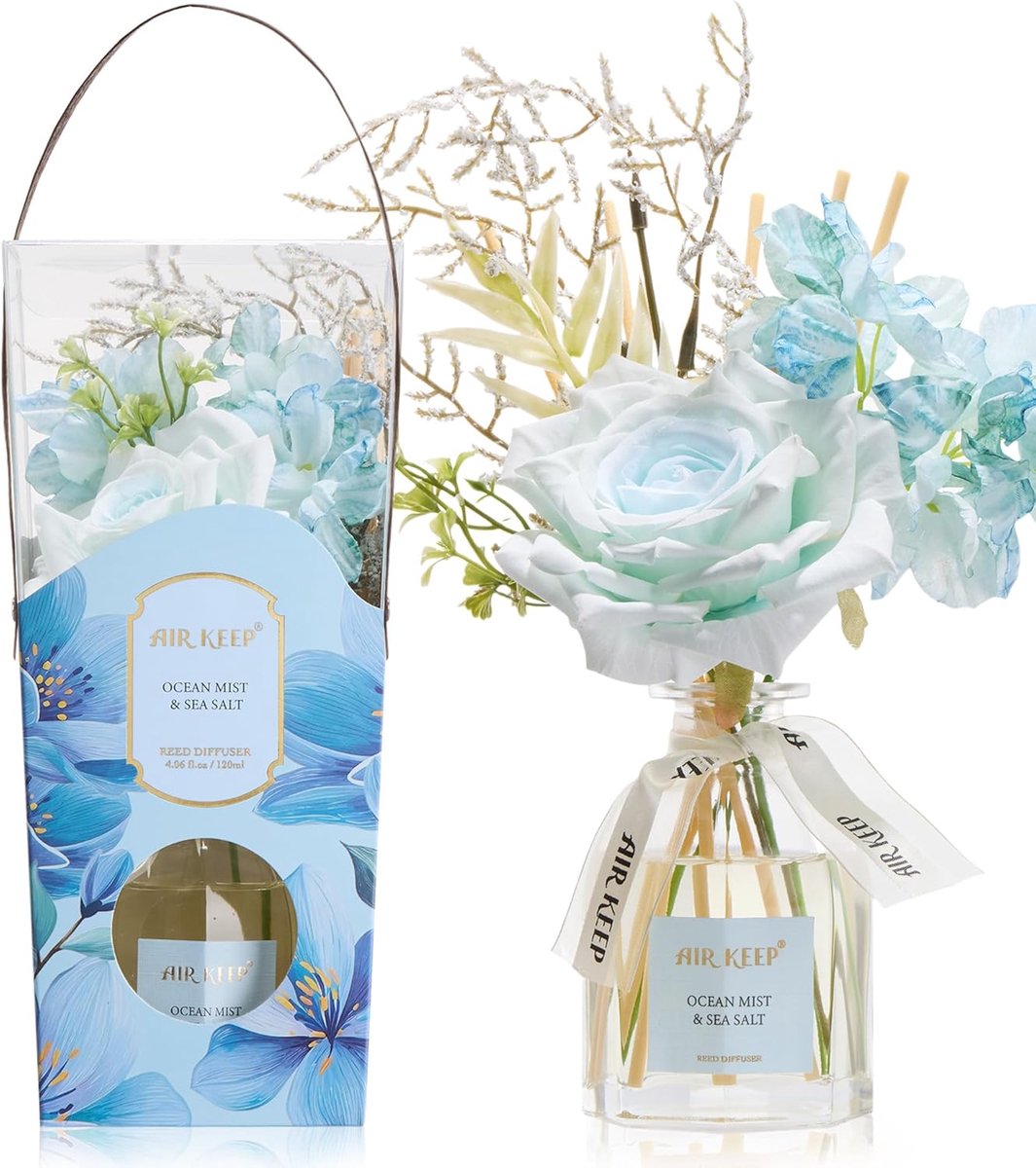 SnelShoppen - Fragrance Sticks Diffuser 120ml - Ocean Mist & Sea Salt - Decoratieve Aroma Diffuser met Bloemen - Stijlvolle Woondecoratie & Cadeau voo