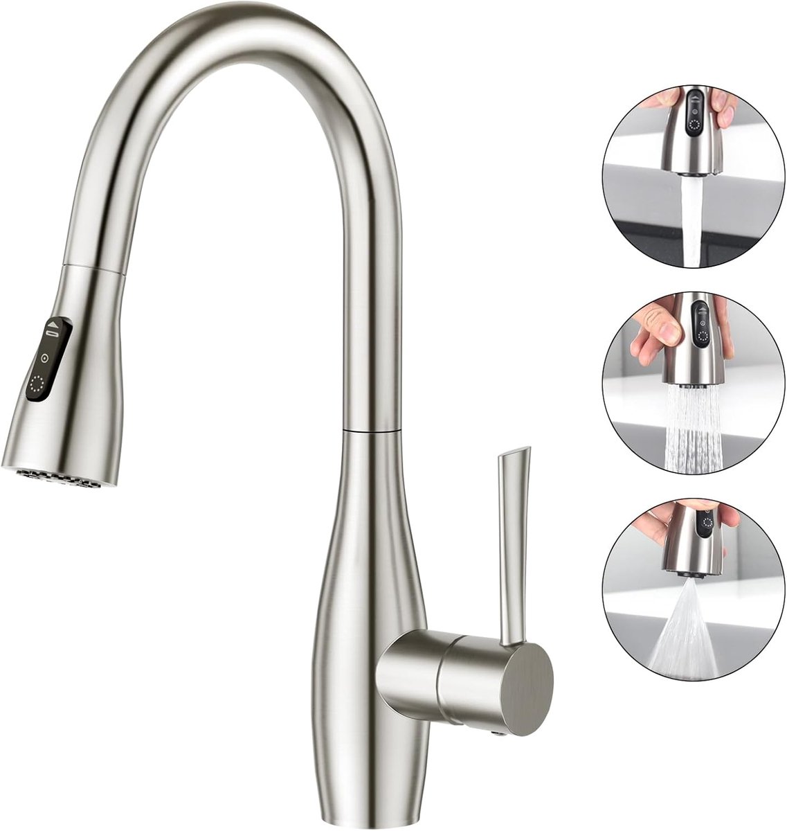 SnelShoppen - Keukenkraan met Uittrekbare Sprayer, 360° Draaiende Mengkraan voor Keuken en Badkamer, RVS, Zwart, 2 Jet Types
