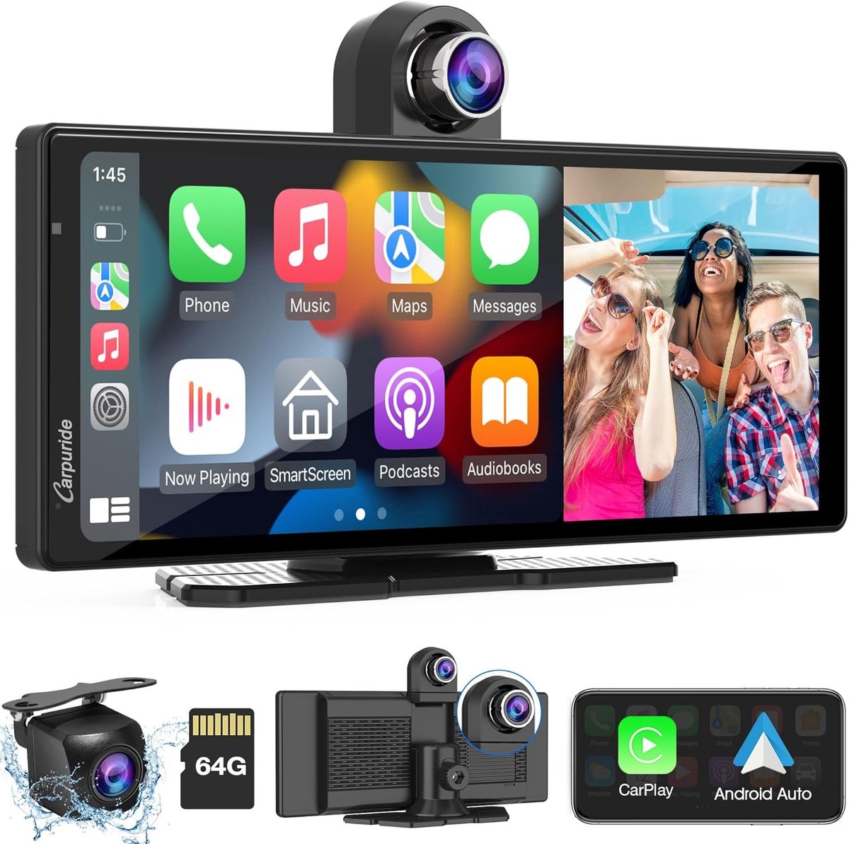 SnelShoppen - Draagbare Draadloze Carplay & Android Auto met Dashcam - 9.3" HD IPS Scherm, 4K Voor- en Achtercamera, Bluetooth Audio, GPS, Dashboard M