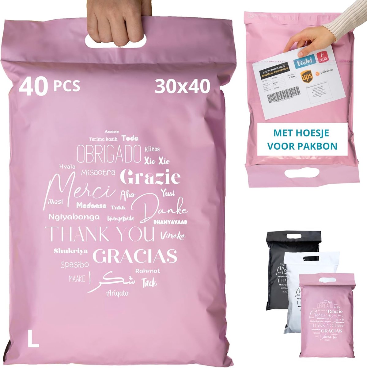 SnelShoppen - 40 Verzendzakken Kleding Vinted met Verpakking Kaart - 40x30cm - Waterdichte en Duurzame Plastic Verzend Enveloppen - Voor Eenvoudig Ver