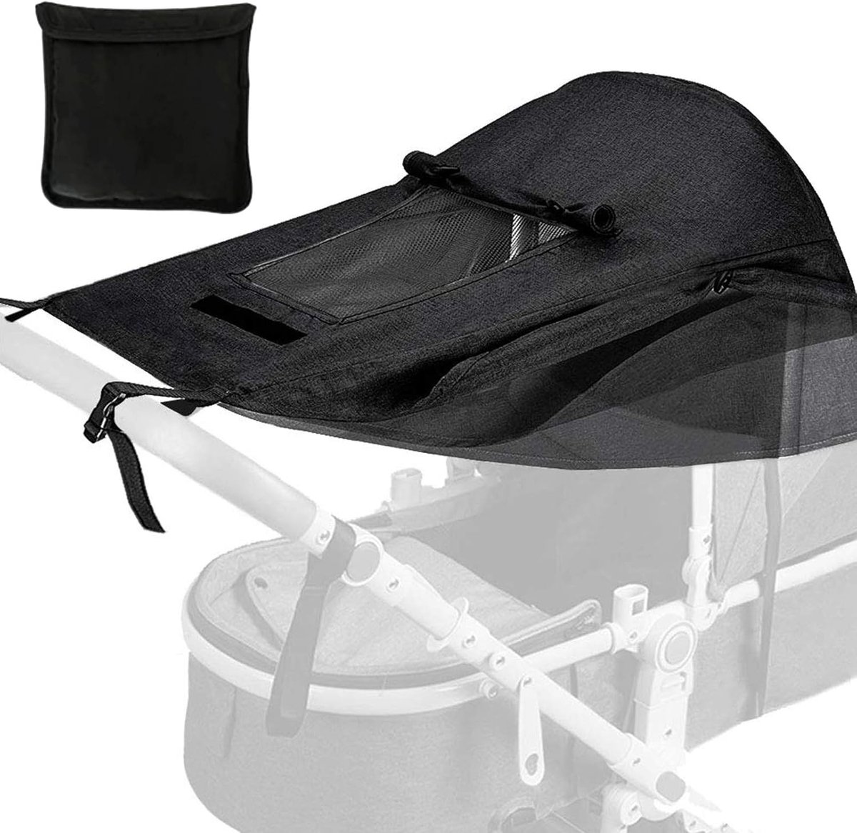 SnelShoppen - Luifel voor Kinderwagen, Universele Zonneklep, Winddichte Hoes, Verstelbare Zonwering voor Reiswieg, Ideaal voor Buiten, Zwart