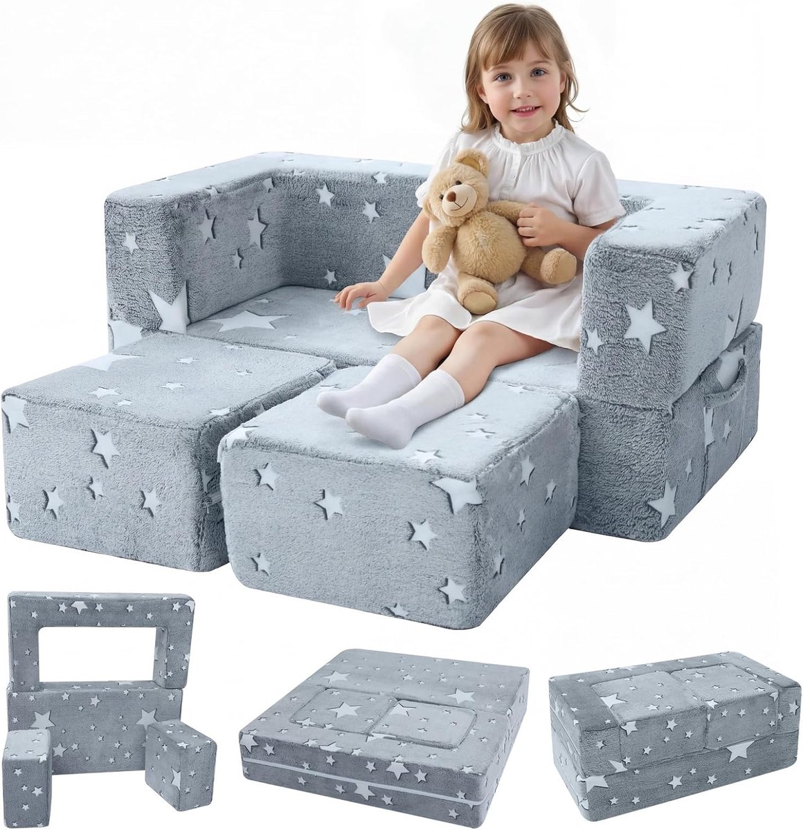SnelShoppen - MeMoreCool Kids Sofa Bed - Modulaire Peutersofa - Opvouwbare Lounger met Sterrenverlichting - Grijze Mini Sofa voor Speelkamer & Slaapka