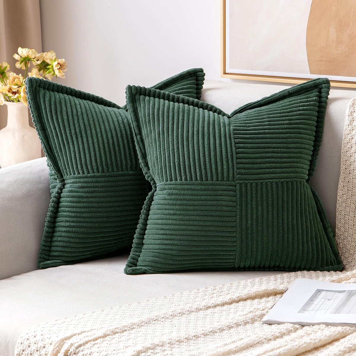 SnelShoppen - Set van 2 Kerst Kussenhoezen 18x18 Inch, Donkergroen Corduroy, Moderne Patchwork Design, Zachte Kussens voor Winterdecoratie, Sofa, Onzi