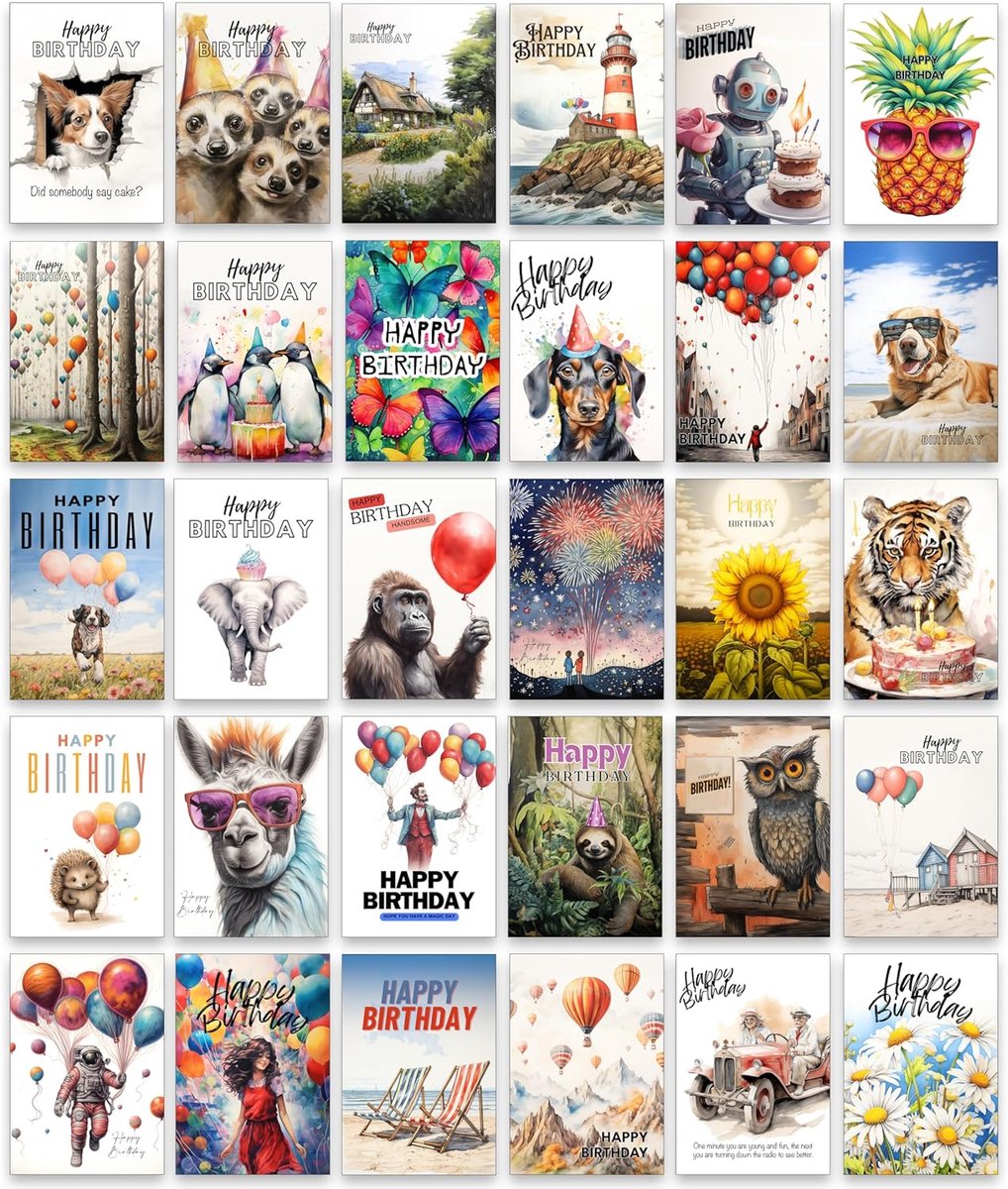 SnelShoppen - Set van 30 Kleurrijke en Grappige Verjaardagskaarten met Witte Enveloppen voor Kinderen en Volwassenen - Perfect voor Feesten en Special