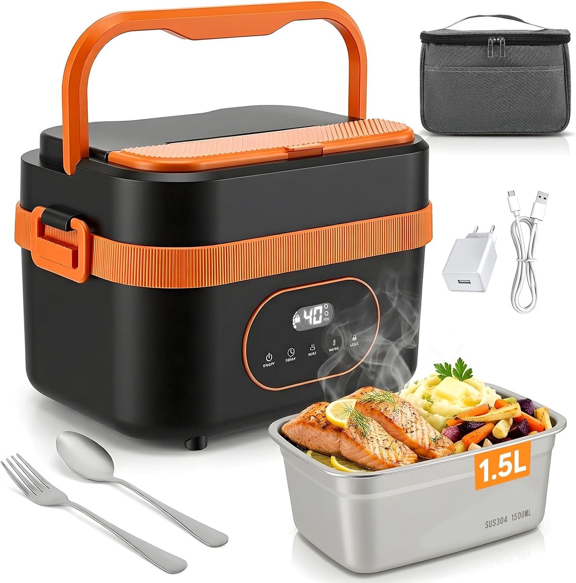 SnelShoppen - Draagbare Elektrische Lunch Box - Draadloos, USB Oplaadbaar, Verwarmd, 1.5L, 18000 mAh Accu, Ideaal voor Kantoor, Picknick, Auto en Buit