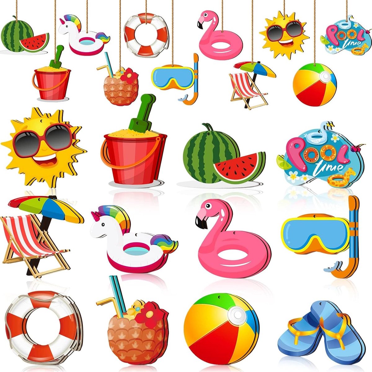 SnelShoppen - Tree Decoration Summer - 24 Stuks Houten Hangers - Tropische Decoratie - Beach Style Hangers - Met Touw - Voor Raam, Deur, Tuin en Bomen