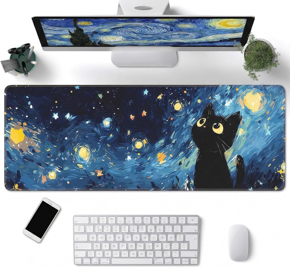 SnelShoppen - Large Mouse Pad XXL 800x300mm - Extra Grote Desk Mat voor Werk & Gaming - Schattige Tafelmat met Kat onder Sterren - Niet-Slip Laptop On