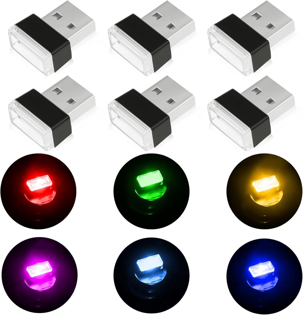 SnelShoppen - 6x USB LED Mood Lights voor Auto - Mini Interieurverlichting - Kleurverandering (Blauw, Groen, Rood, Paars, Geel, IJsblauw) - Ideaal voo