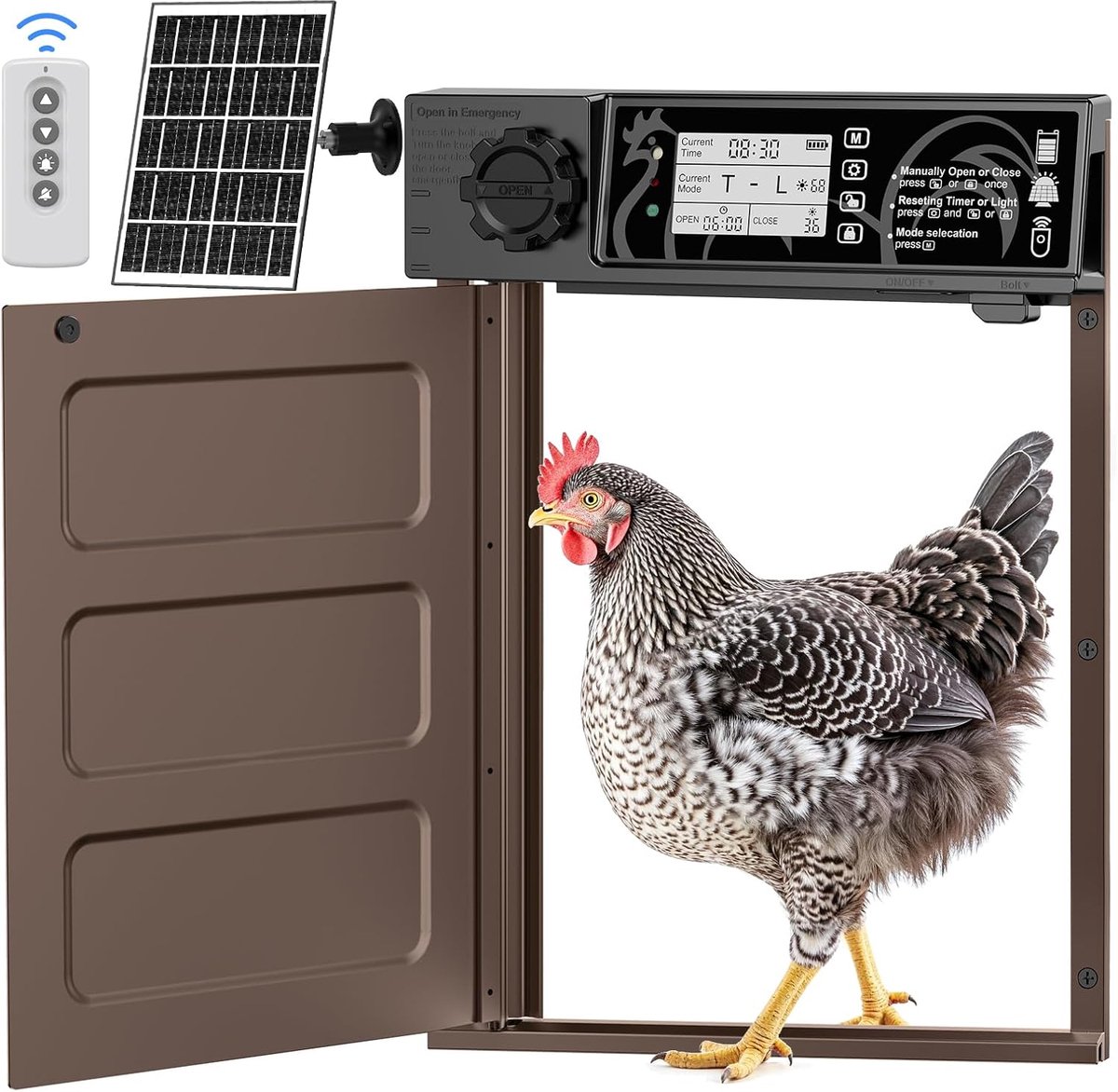 SnelShoppen - Grote Automatische Zonnepaneel Kippenhokdeur met 7W Zonnepanelen, LCD Display, Licht Sensor, Timer, Aluminium Kippenhokdeur met Anti-Kni