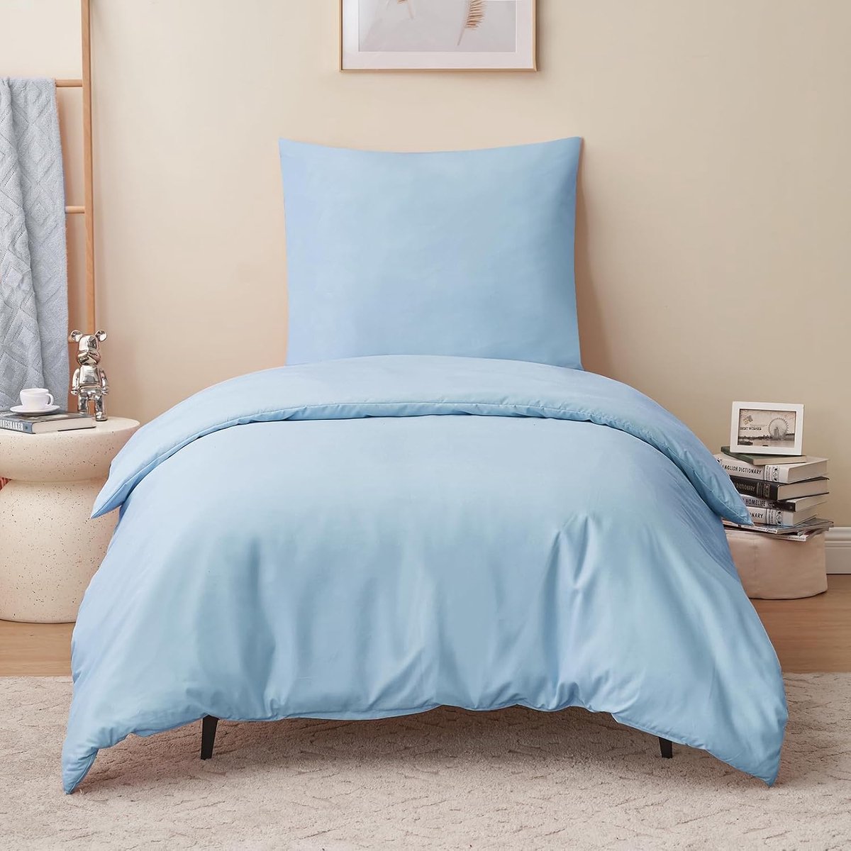 SnelShoppen - Luxe Microfibre Dekbedovertrek 140 x 200 cm met Kussensloop 65 x 65 cm - Blauw, Enkele Bedlinnen met Ritssluiting voor Comfort en Duurza