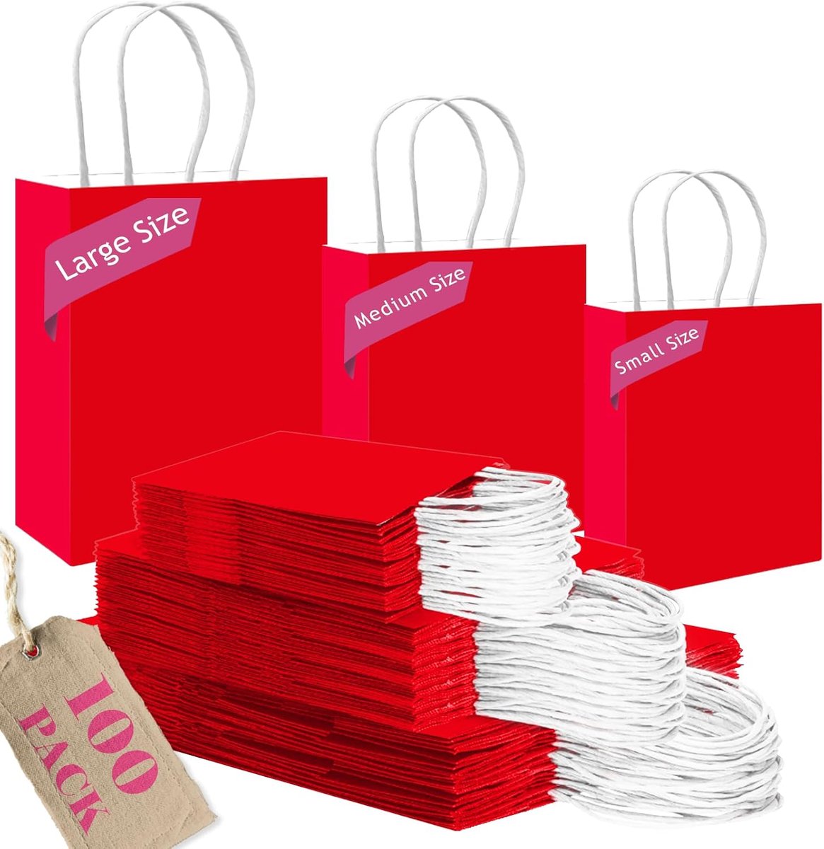 SnelShoppen - Rode Papieren Tassen met Handvatten - Set van 100 - Grote, Middelgrote en Kleine Maten - Sterk Kraftpapier - Perfect voor Feesten, Cadea