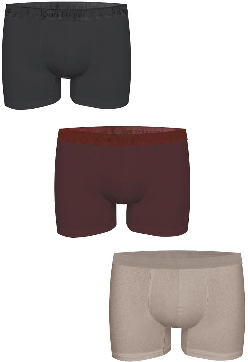 John Frank Boxershorts-3 Pack Premium Micro Modal-Onderbroek Heren-Multi Pack-Zwart Donkerrood Beige-S