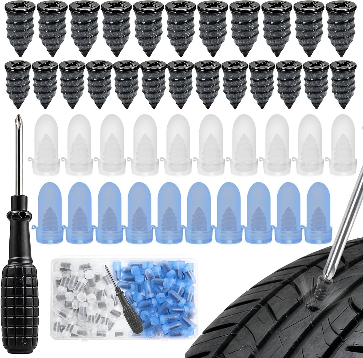 SnelShoppen - 76 stuks vacuüm bandenreparatieset voor auto, motorfiets en fiets, inclusief schroevendraaier, 38S + 37L bandenreparatiespijkers in blau
