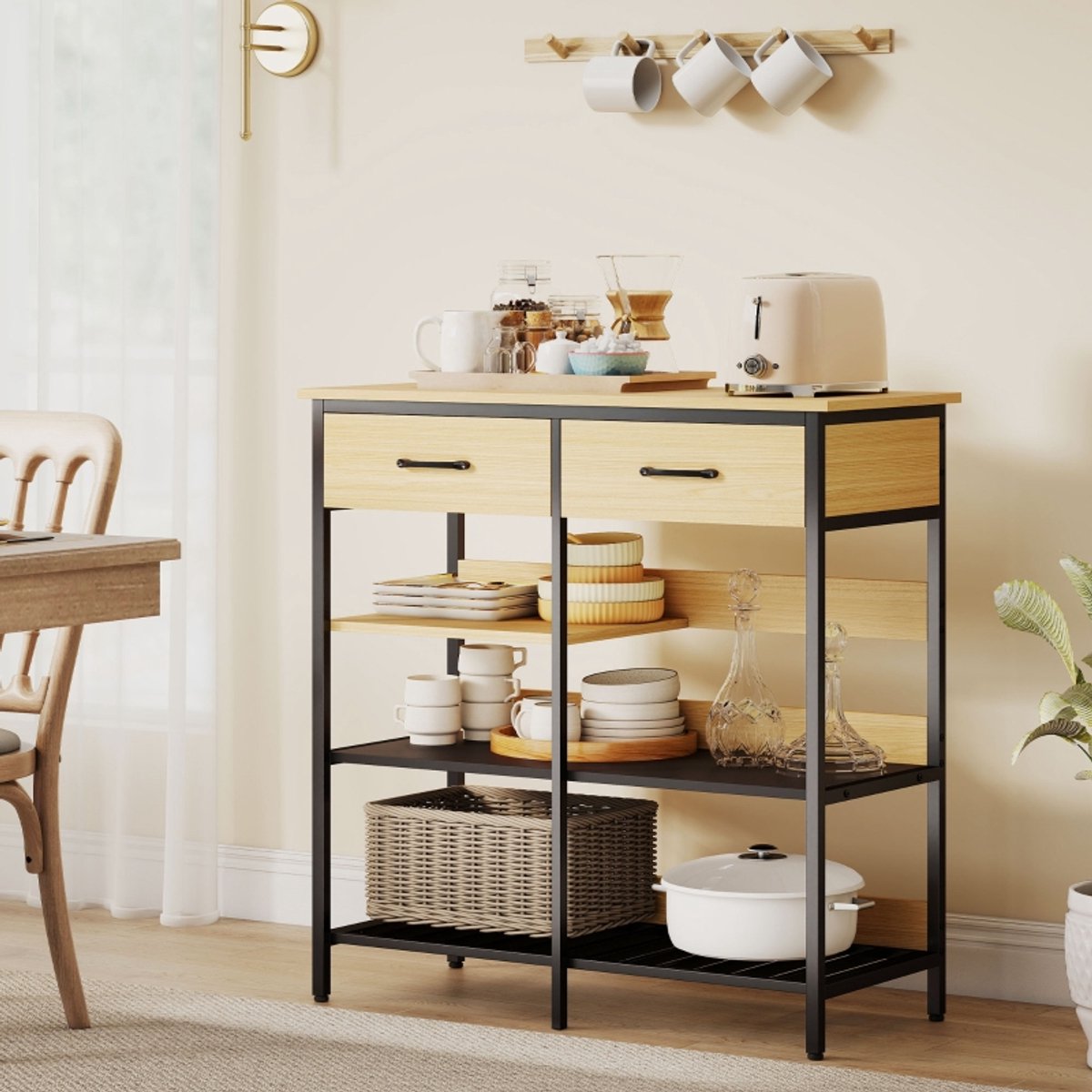 OKWISH Keukenkast – 90 x 40 x 91 cm – Met 2 Lades En 3 Open Planken – Spaanplaat En Stalen Frame – Natuurhout – Industriële Opbergkast