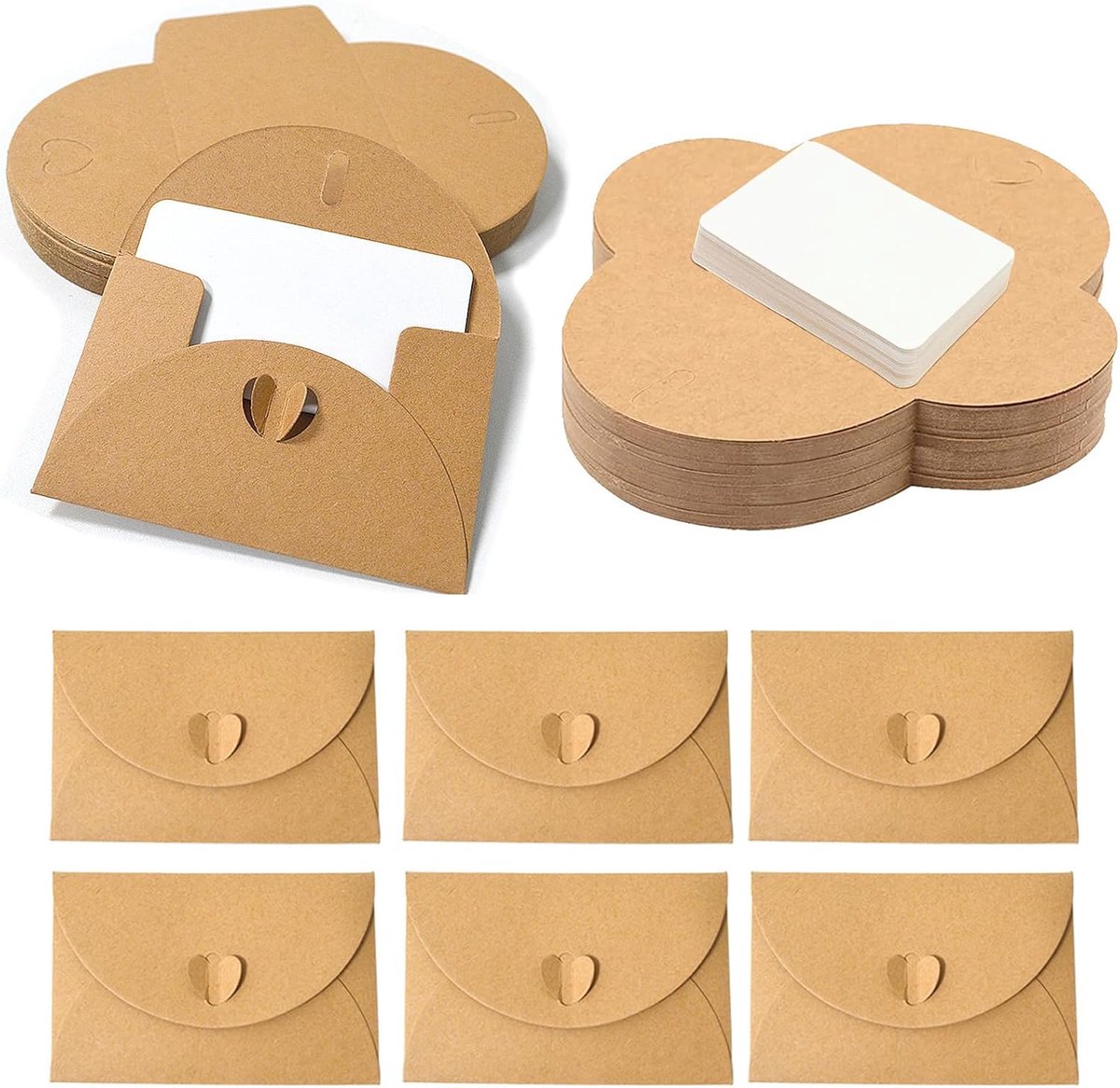 SnelShoppen - 60 Mini Kraft Enveloppen met 60 Blank Kaarten - Kleine Enveloppen met Hart Sluiting - Ideaal voor Cadeaukaarten, Bedankkaarten, DIY en F