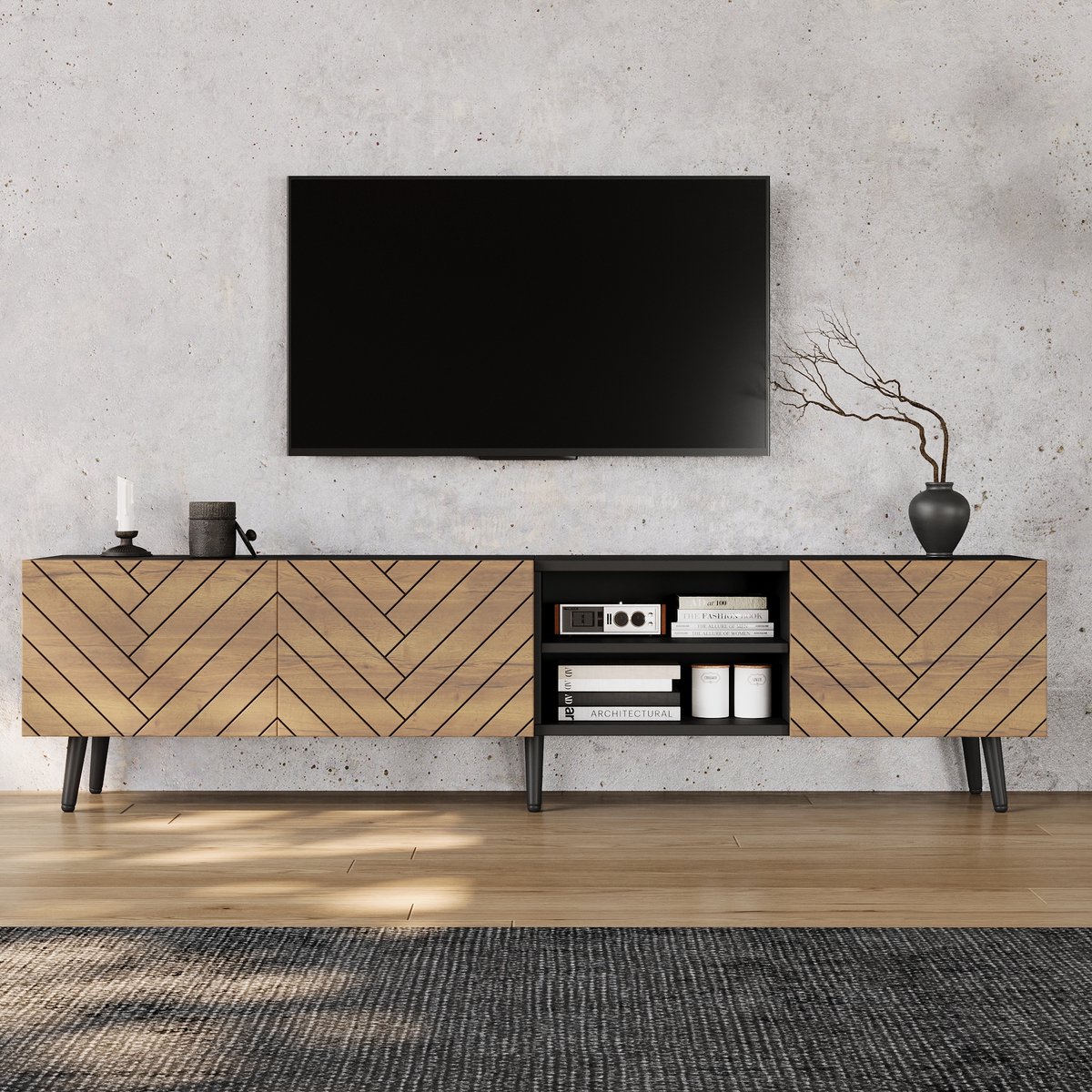 Wishdor - TV-meubel - 180 cm breed - 3 deuren en open vak - modern industrieel - voor woon