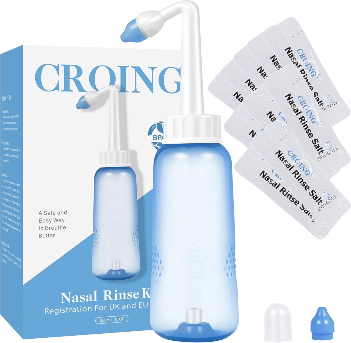 SnelShoppen - Neusdouche 120 x Zout + 1 x Neusdouchefles (300 ml) - Neti Pot voor Neusspoeling en Neusreiniging - Ideaal voor Allergieën en Verstopte