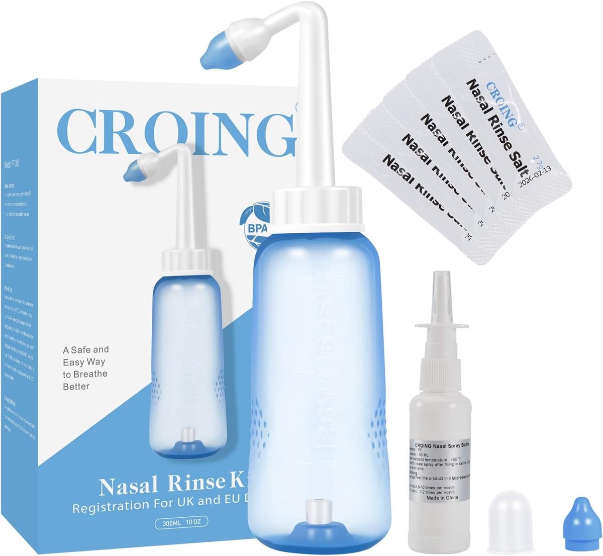 SnelShoppen - Neusdouche Set 40x Zout + 300ml Neusdouchefles + 50ml Neussprayfles - Neti Pot voor Neusspoeling, Sinus Rinse, Nasal Irrigation, Verlich