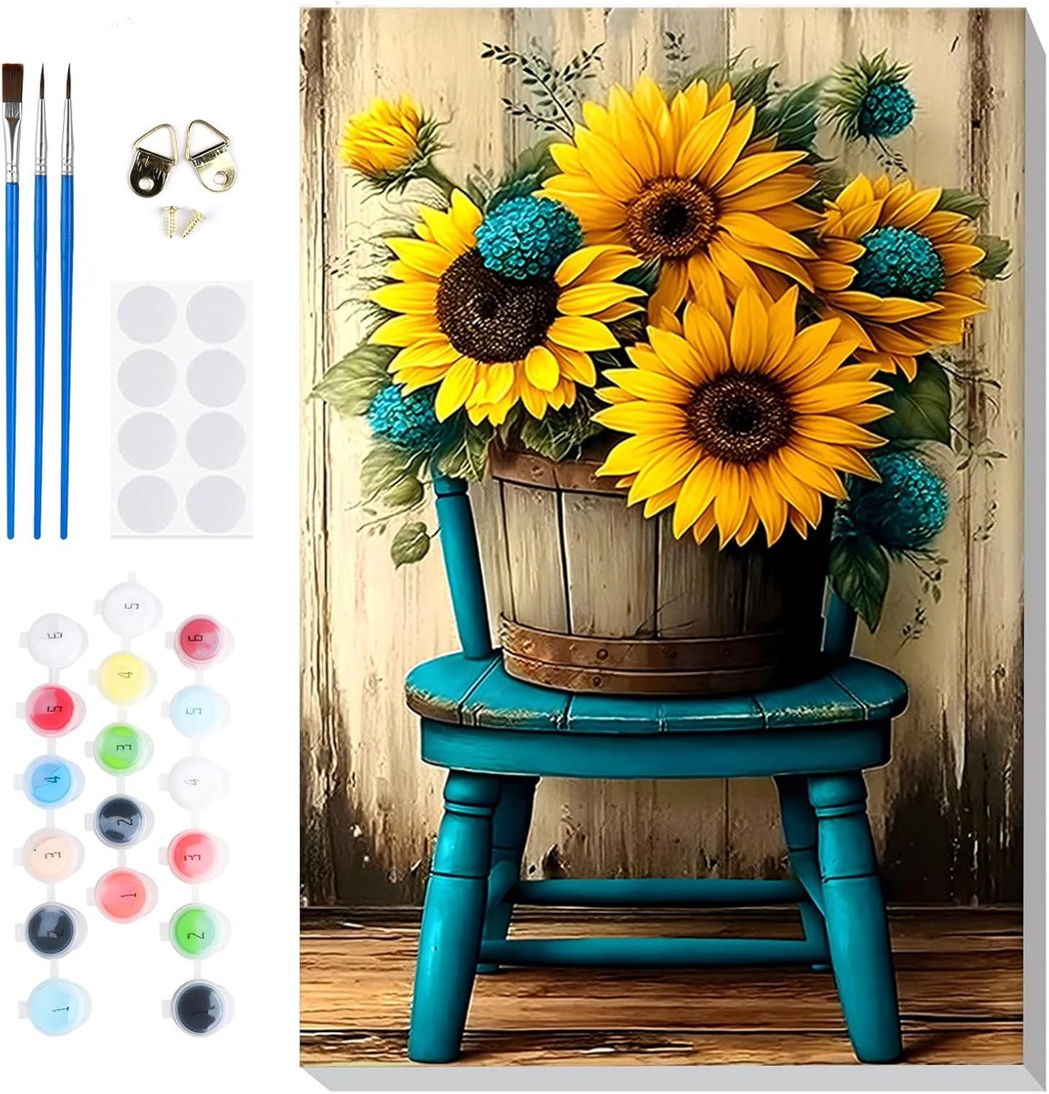 SnelShoppen - Verf op Nummer Zonnebloempot Kit voor Volwassenen en Kinderen - DIY Schilderen op Canvas met Frame - Acryl-Olieverf Schilderijset voor F