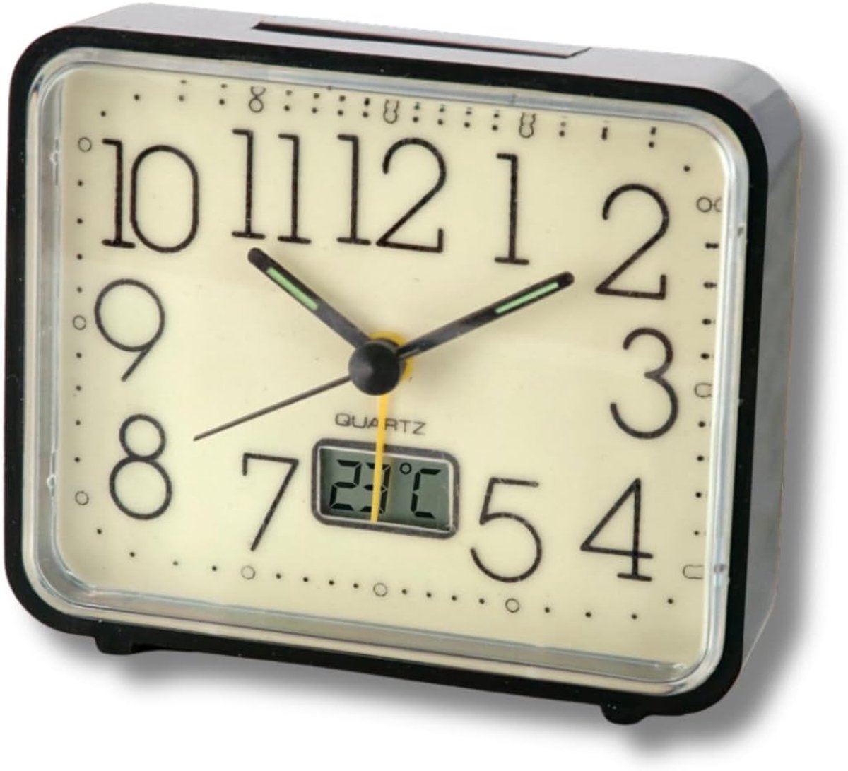 SnelShoppen - Analoog Wekker met Thermometer en Grote Cijfers - Fluorescerende Achtergrond - Snooze Functie - Compacte Afmetingen 10,5 x 5 x 8 cm - Id