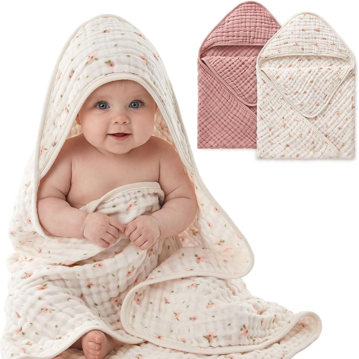 SnelShoppen - 2-Pack Baby Badhanddoeken Met Capuchon, 81x81 cm, Mousseline Katoen, Extra Zacht, Sterk Absorberend, Makkelijk Te Wassen, Perfect Cadeau