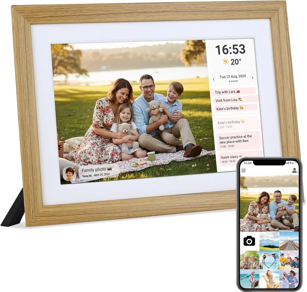 SnelShoppen - Veidoo Frameo 10,1 inch Digitale Fotolijst Hout 32GB WiFi HD IPS Touchscreen met Automatische Rotatie en Foto Delen voor Feest, Camping
