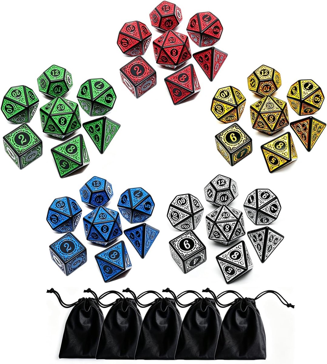 SnelShoppen - Polyhedral DND Dobbelstenen 5-Pack Set voor Dungeons en Dragons RPG Spellen - Vintage Patroon, 35 Stuks, Geschikt voor Rollenspellen, 7-