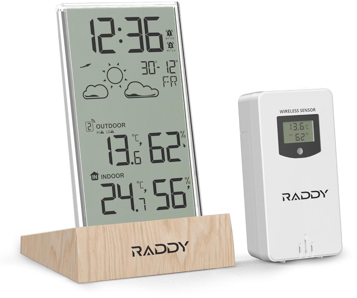 SnelShoppen - Draadloos Weerstation Binnen- en Buitenthermometer met Hygrometer, LCD 5", Temperatuur- en Vochtigheidsmonitor, Transparant Acrylframe,
