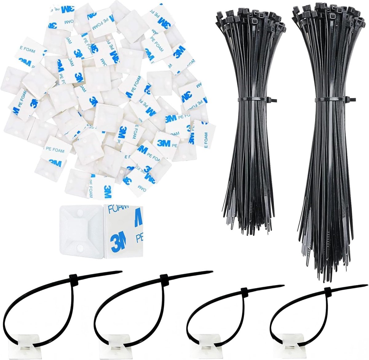 SnelShoppen - 200 Stuks Kabelbinders 120 mm/150 mm + 100 Stuks Zelfklevende Kabelhouders - Zwart Nylon - Perfect voor Organisatie, Klussen en Thuisgeb
