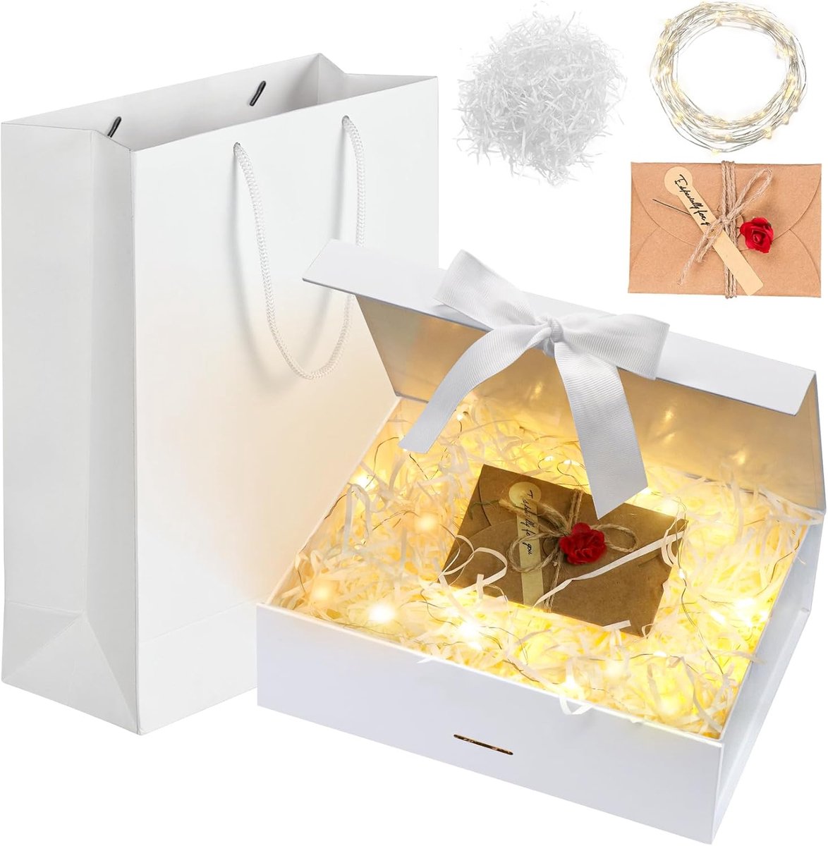 SnelShoppen - Complete Geschenkdoos met Deksel en Strik - Witte Geschenkdoos met Lint, Raffia, 30g Bast, Wenskaarten en Lichtketting voor Bruiloft, Ve