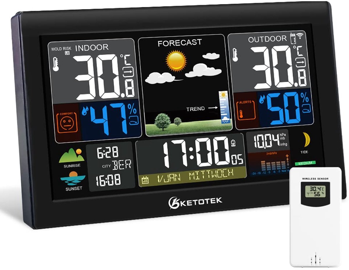 SnelShoppen - Draadloos Weerstation Binnen en Buiten met Sensor, VA-Display, Digitale Thermometer, Hygrometer, DCF-Wekker, Barometer en Weersvoorspell