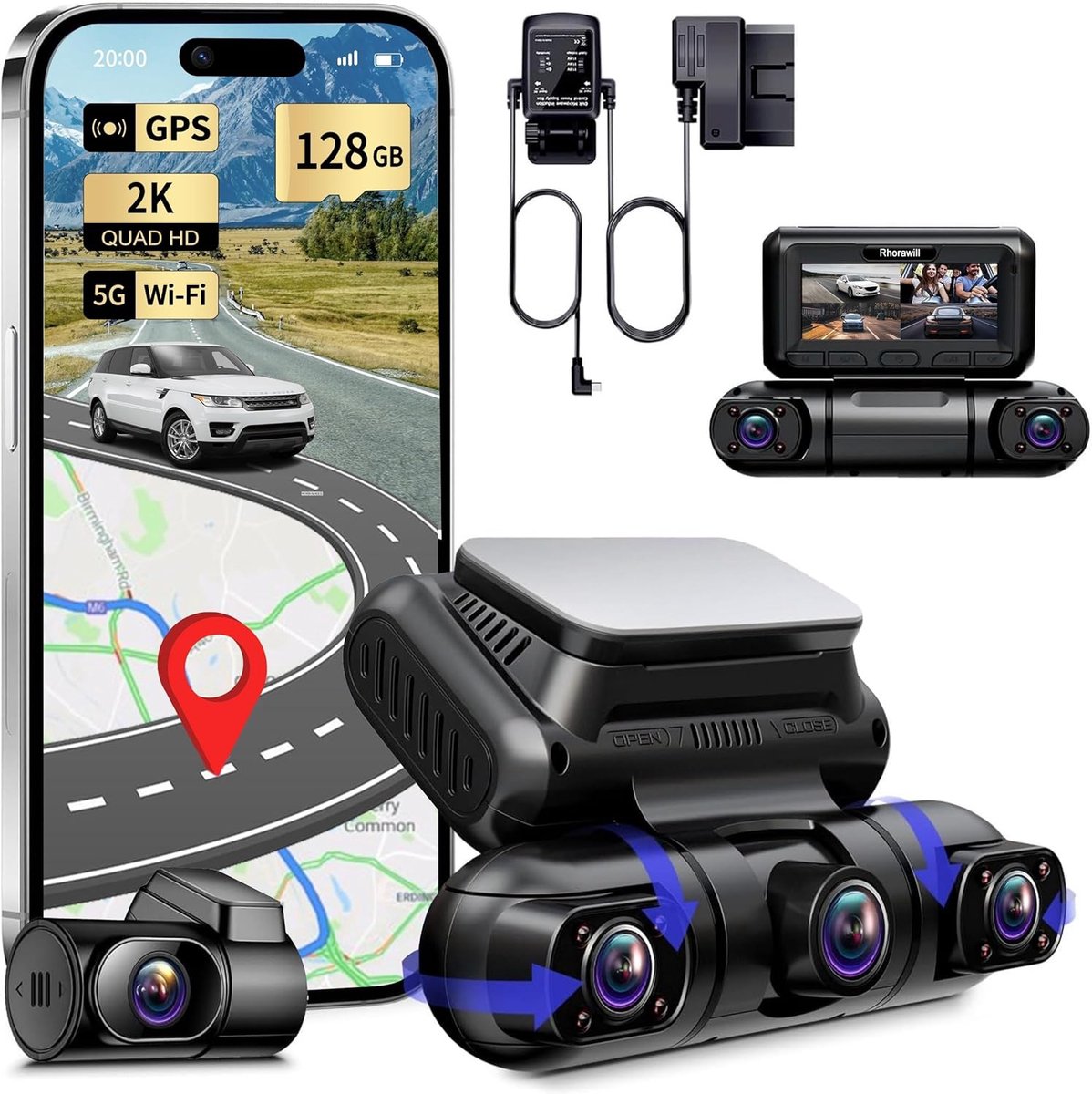 SnelShoppen - 4-Kanaals Dashcam Auto 5G WiFi met 360° Draaibare Camera's, Radar Bewegingsdetectie, GPS, Nachtzicht, Parkeercontrole, 1080P, 3" Scherm,