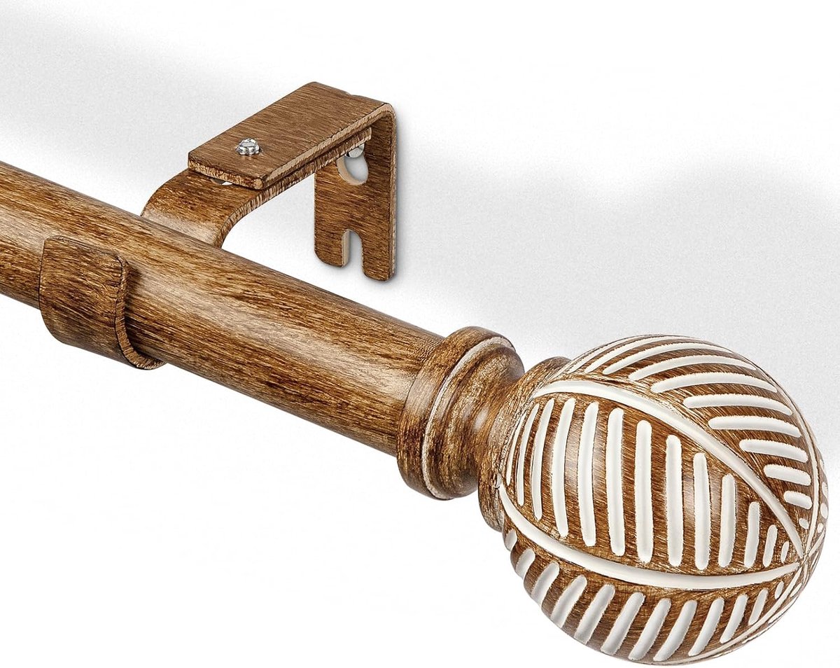 SnelShoppen - Verstelbare Houten Gordijnroede 76-152 cm, 25 mm Diameter met Imitatie Graanbladeren, Koffiebruin voor Terras, Glazen Deuren en Woonkame