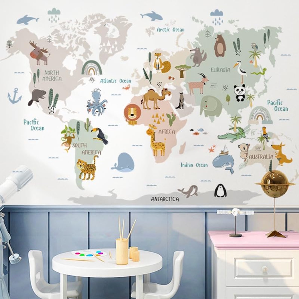 SnelShoppen - Muursticker Wereldkaart Muurtattoo Dieren Kinderkamer Babykamer Wanddecoratie Zelfklevend voor Jongen en Meisje 90x60 cm