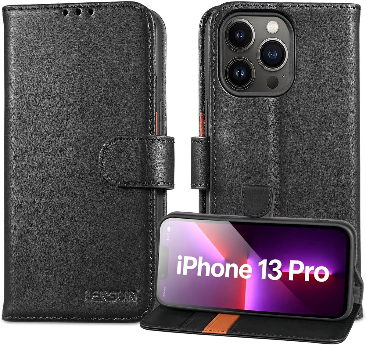 SnelShoppen - Lederen iPhone 13 Pro Hoesje met RFID-Blokkering | Portemonnee Flip Telefoonhoesje met Kaarthouder en Magnetische Sluiting - Zwart